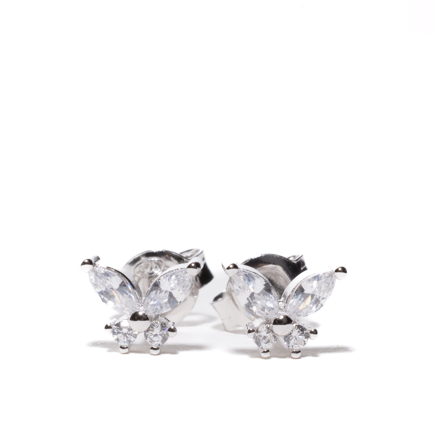"Itty Bitty Butterfly Earrings" in silver, on a white background.