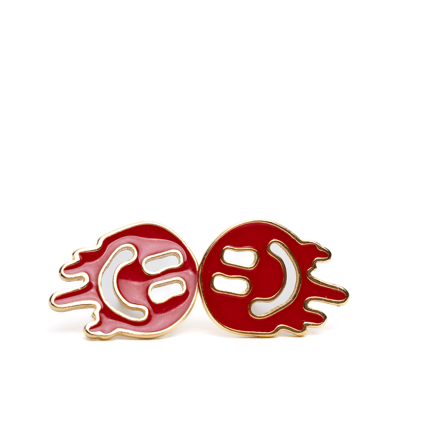 "Super Smiley Earrings in Red" on a white background.